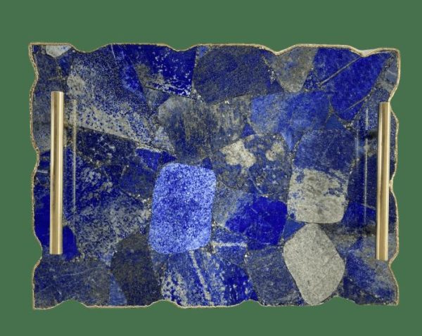 Serveware | Large Lapis Lazuli Serving Tray With Plain Modern Brass Handles Kitchen Serveware