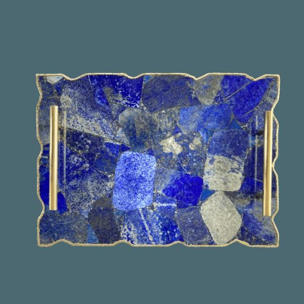 Serveware | Large Lapis Lazuli Serving Tray With Plain Modern Brass Handles Kitchen Serveware