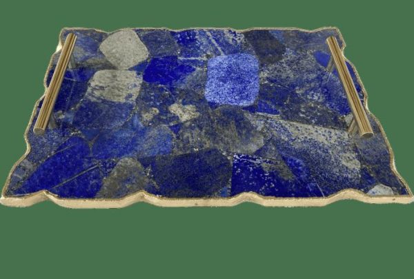 Serveware | Large Lapis Lazuli Serving Tray With Plain Modern Brass Handles Kitchen Serveware