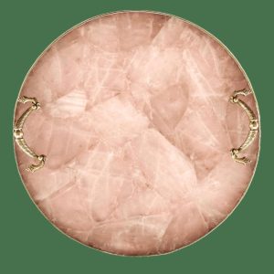 Serveware | Rose Quartz Agate Round Serving Tray With Brass Handles Kitchen Serveware