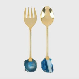 Serveware | Serein Decor Stainless Steel Blue Agate Gold Salad Serving Set Kitchen Serveware