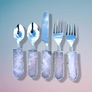 Serveware | Set Of 5 Pieces Rose Quartz Agate Cutlery Dinnerware Dinnerware