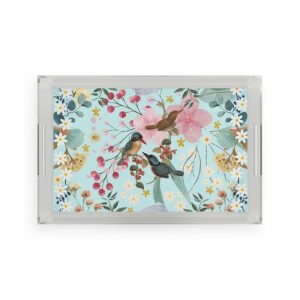 Serveware | Sky Blue Chinoiserie Floral And Birds Acrylic Serving Tray, 11" x 17" Kitchen Serveware