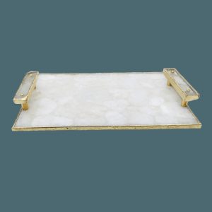 Serveware | White Crystal Agate Plated Serving Tray With Clear Quartz Handles Kitchen Serveware