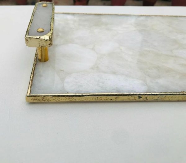 Serveware | White Crystal Agate Plated Serving Tray With Clear Quartz Handles Kitchen Serveware