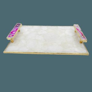 Serveware | White Crystal Agate Plated Serving Tray With Pink Agate Onyx Handles Kitchen Serveware