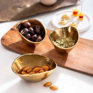 Serveware | Wooden Serving Tray With Golden Bowls Kitchen Serveware