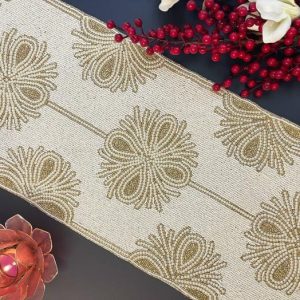 Table Linens | Beatrice Pattern Beaded Table Runner – Light/Gold Kitchen Table Linens