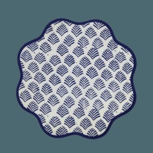 Table Linens | Block Printed Blue Leaf Scalloped Round Placemats, 15.5×15.5 inches Kitchen Table Linens