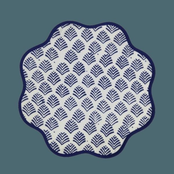 Table Linens | Block Printed Blue Leaf Scalloped Round Placemats, 15.5×15.5 inches Kitchen Table Linens