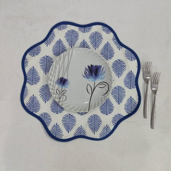 Table Linens | Block Printed Blue Leaf Scalloped Round Placemats, 15.5×15.5 inches Kitchen Table Linens