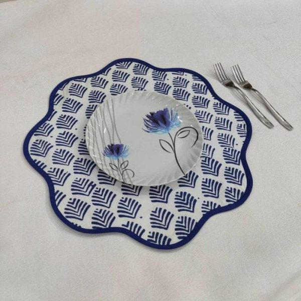 Table Linens | Block Printed Blue Leaf Scalloped Round Placemats, 15.5×15.5 inches Kitchen Table Linens