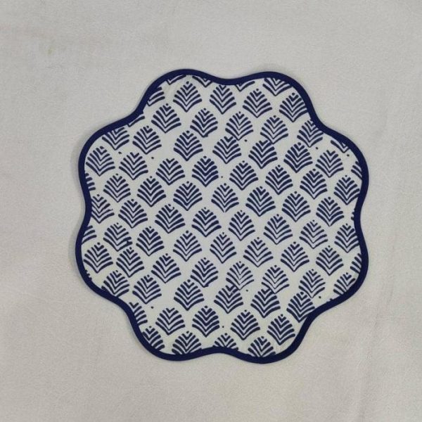 Table Linens | Block Printed Blue Leaf Scalloped Round Placemats, 15.5×15.5 inches Kitchen Table Linens