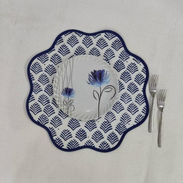 Table Linens | Block Printed Blue Leaf Scalloped Round Placemats, 15.5×15.5 inches Kitchen Table Linens