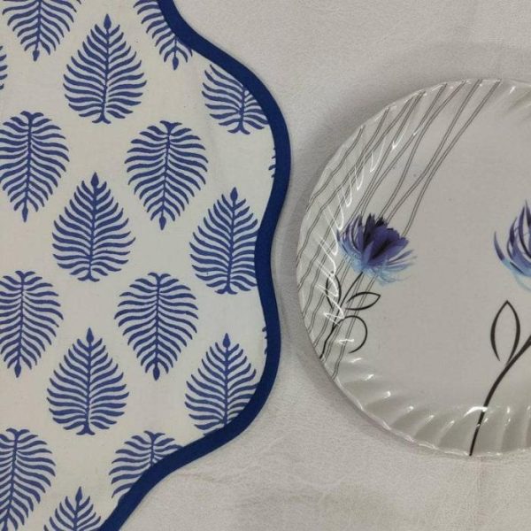 Table Linens | Block Printed Blue Leaf Scalloped Round Placemats, 15.5×15.5 inches Kitchen Table Linens