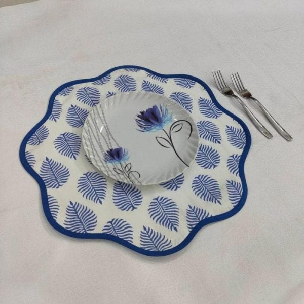 Table Linens | Block Printed Blue Leaf Scalloped Round Placemats, 15.5×15.5 inches Kitchen Table Linens