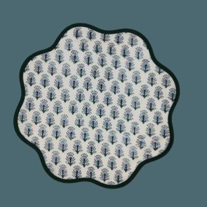 Table Linens | Block Printed Green Tree Round Scalloped Placemats, 13.5" x 13.5" – Set of 4 Kitchen Table Linens