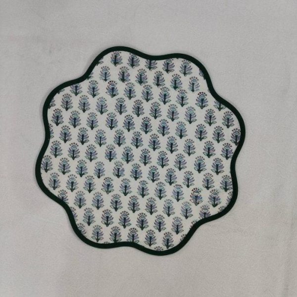 Table Linens | Block Printed Green Tree Round Scalloped Placemats, 13.5" x 13.5" – Set of 4 Kitchen Table Linens