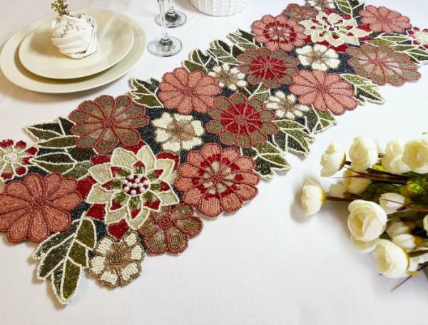 Table Linens | Blossoming Floral Garden Beaded Table Runner Kitchen Table Linens