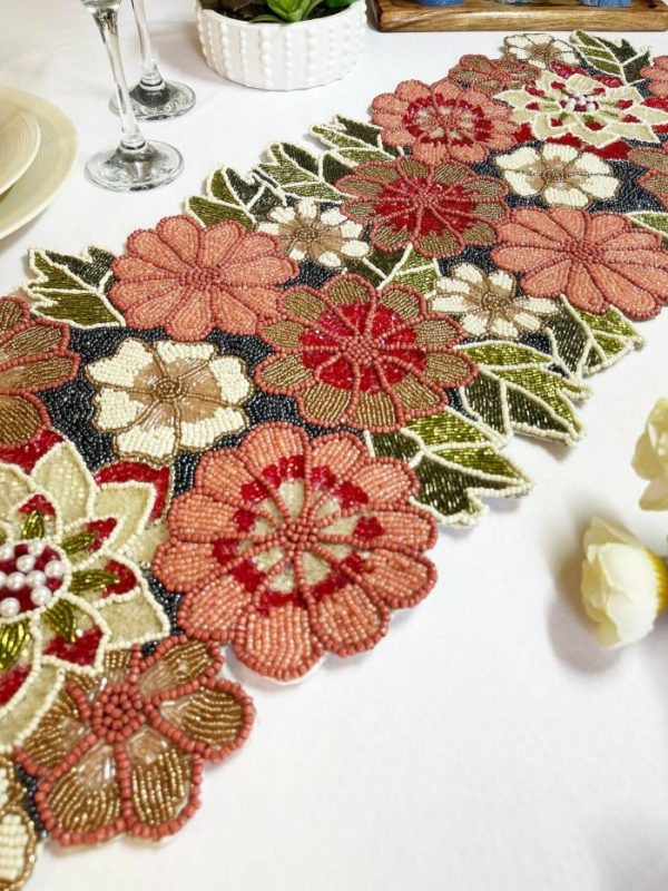 Table Linens | Blossoming Floral Garden Beaded Table Runner Kitchen Table Linens