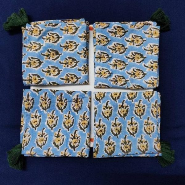 Table Linens | Blue And Yellow Floral Hand Block Printed Cotton Napkins Kitchen Table Linens