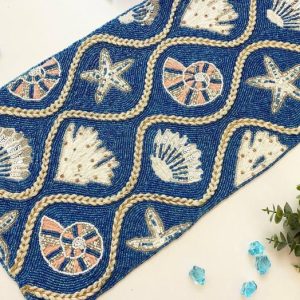 Table Linens | Blue Cream Seashell Bead And Embroidery Table Runner Kitchen Table Linens