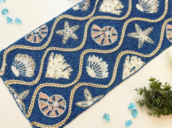 Table Linens | Blue Cream Seashell Bead And Embroidery Table Runner Kitchen Table Linens