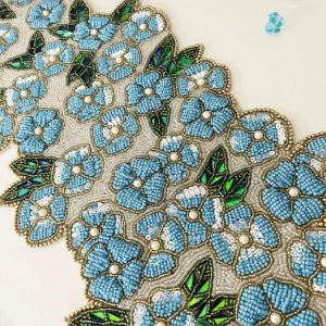 Table Linens | Blue Flowers In The Spring Beaded Table Runner Kitchen Table Linens