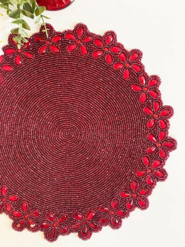 Table Linens | Burgundy Red Bead And Floral Crystal Round Placemat Kitchen Table Linens