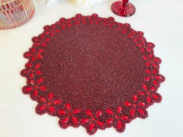 Table Linens | Burgundy Red Bead And Floral Crystal Round Placemat Kitchen Table Linens