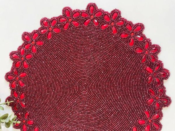 Table Linens | Burgundy Red Bead And Floral Crystal Round Placemat Kitchen Table Linens