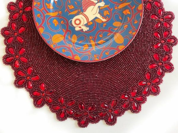 Table Linens | Burgundy Red Bead And Floral Crystal Round Placemat Kitchen Table Linens