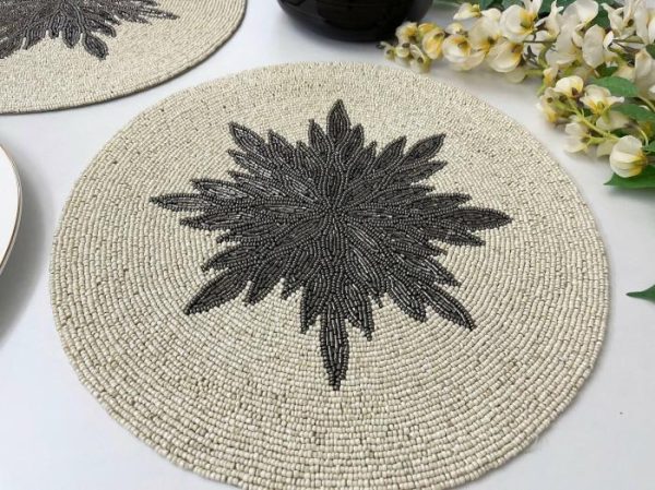 Table Linens | Charleen Round Beaded Placemat – White/Steel Gray Kitchen Table Linens