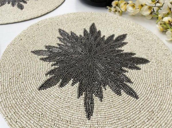 Table Linens | Charleen Round Beaded Placemat – White/Steel Gray Kitchen Table Linens