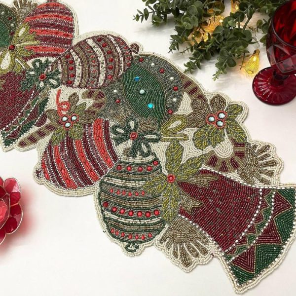 Table Linens | Christmas Bell And Ornament Beaded Table Runner Kitchen Table Linens