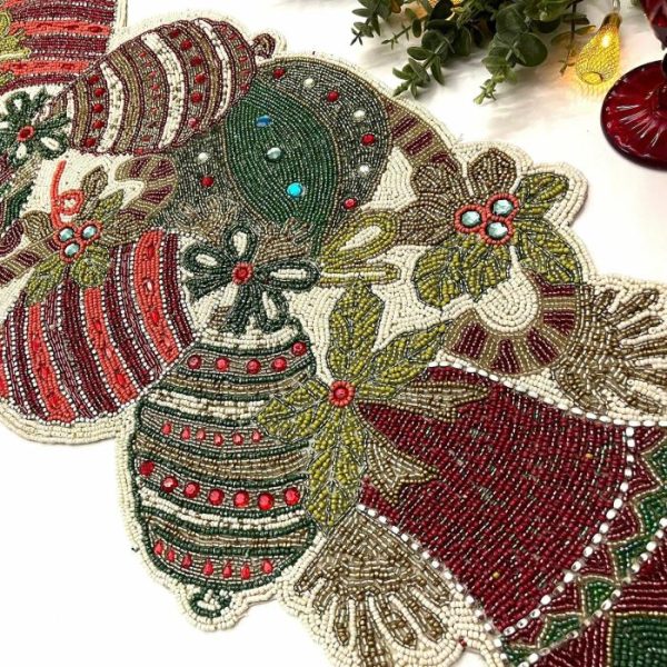 Table Linens | Christmas Bell And Ornament Beaded Table Runner Kitchen Table Linens