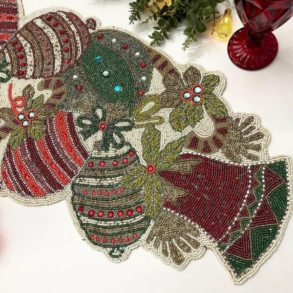 Table Linens | Christmas Bell And Ornament Beaded Table Runner Kitchen Table Linens