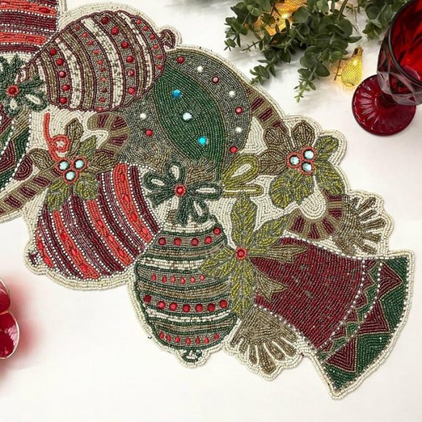 Table Linens | Christmas Bell And Ornament Beaded Table Runner Kitchen Table Linens