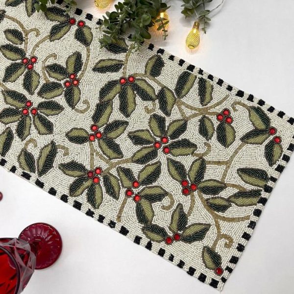 Table Linens | Christmas Berry Rectangular Beaded Table Runner Kitchen Table Linens