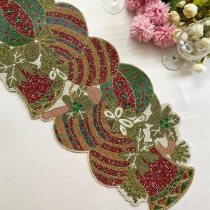 Table Linens | Christmas Delight Beaded Table Runner – Red And Gold Kitchen Table Linens