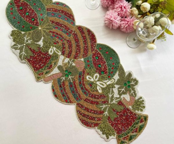 Table Linens | Christmas Delight Beaded Table Runner – Red And Gold Kitchen Table Linens