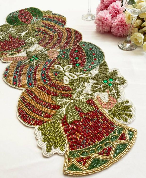 Table Linens | Christmas Delight Beaded Table Runner – Red And Gold Kitchen Table Linens