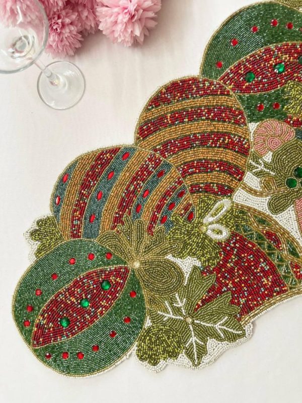 Table Linens | Christmas Delight Beaded Table Runner – Red And Gold Kitchen Table Linens