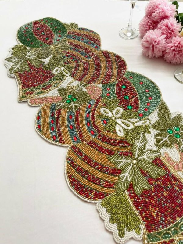 Table Linens | Christmas Delight Beaded Table Runner – Red And Gold Kitchen Table Linens