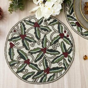 Table Linens | Christmas Floral Round Beaded Placemat, Set of 2 Kitchen Table Linens