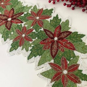 Table Linens | Christmas Flowers And Leaves Beaded Table Runner Kitchen Table Linens