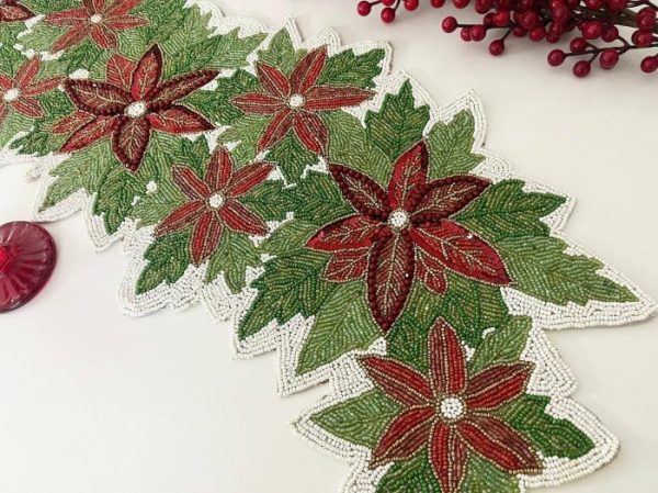 Table Linens | Christmas Flowers And Leaves Beaded Table Runner Kitchen Table Linens