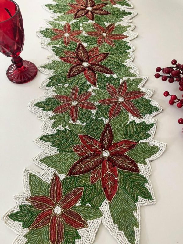 Table Linens | Christmas Flowers And Leaves Beaded Table Runner Kitchen Table Linens