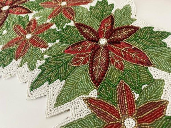 Table Linens | Christmas Flowers And Leaves Beaded Table Runner Kitchen Table Linens