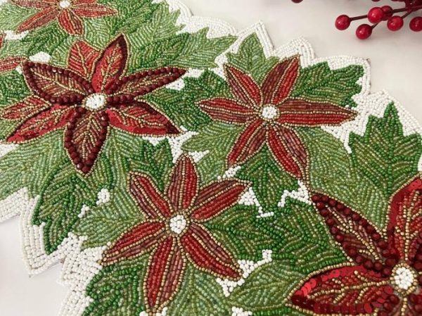 Table Linens | Christmas Flowers And Leaves Beaded Table Runner Kitchen Table Linens